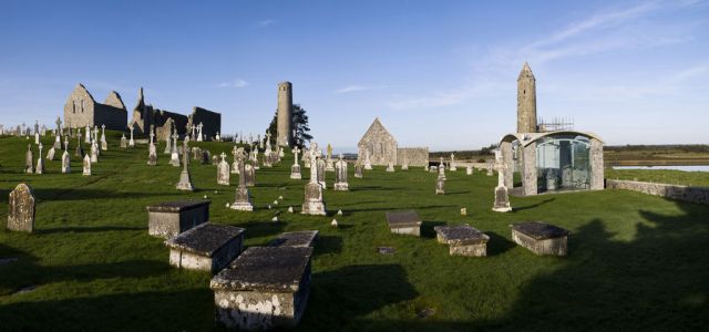 Clonmacnoise graveslabs tower monastic